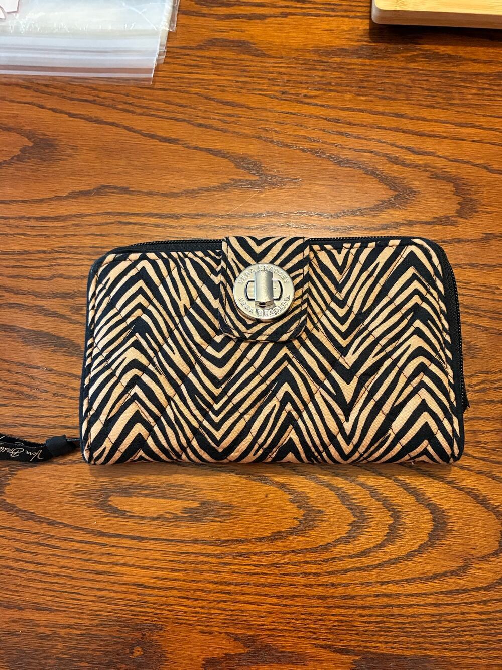Vera Bradley Turnlock Wallet Black Brown Zebra Print